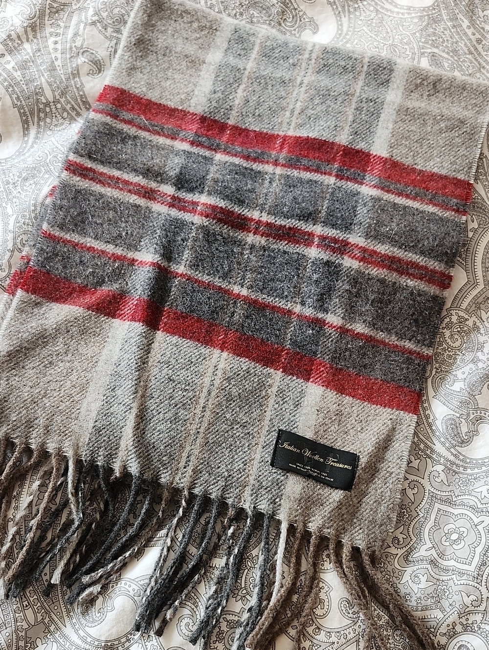 Plaid Fringe Scarf in Gray and Red